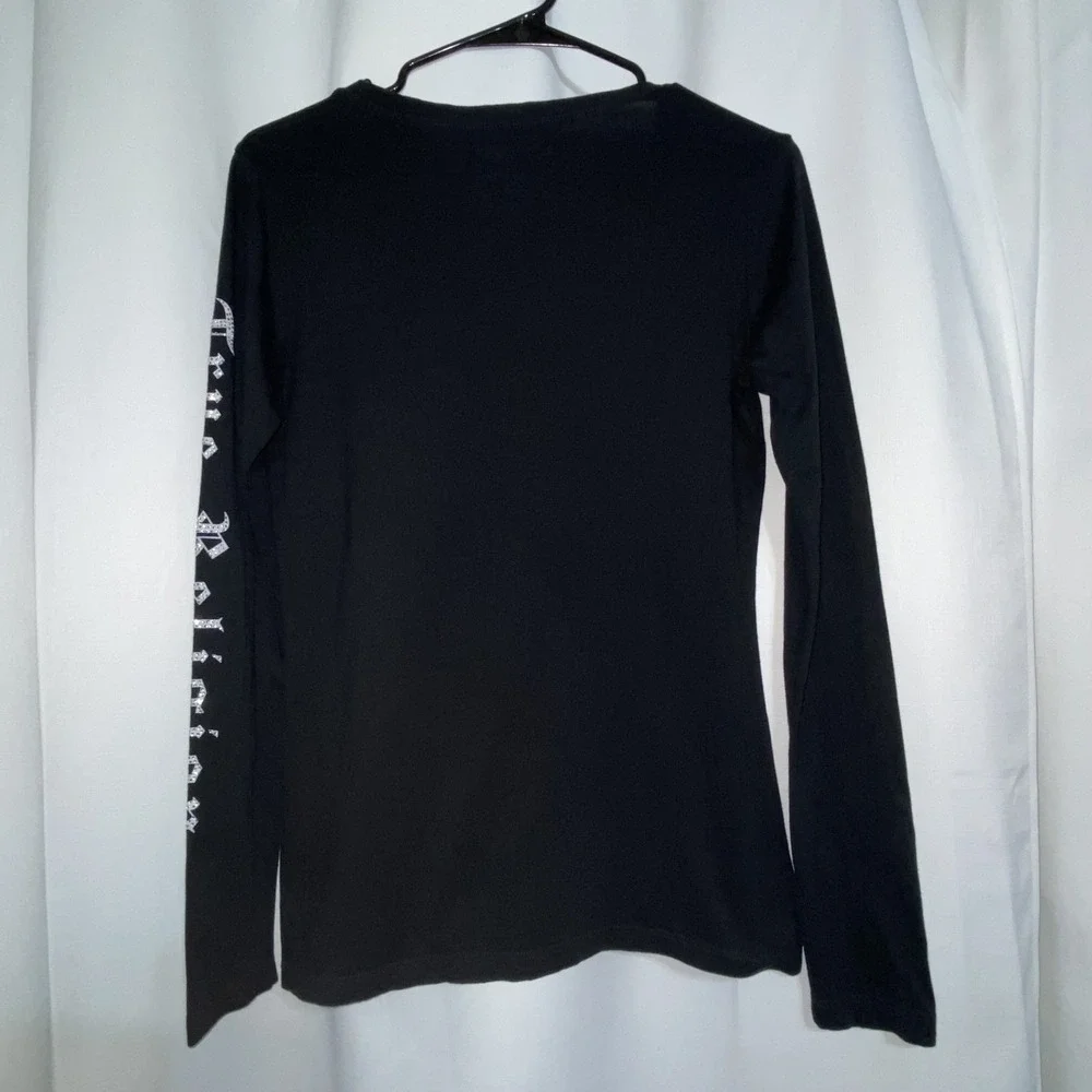 Vintage True‎ Religion Black Long Sleeve Shirt Womens Small Rhinestones Y2K